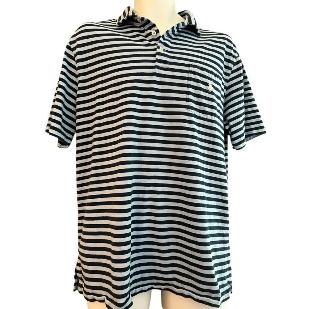 Polo Ralph Lauren Mens Large Polo Shirt Blue Striped Pocket Classic Fit Pony